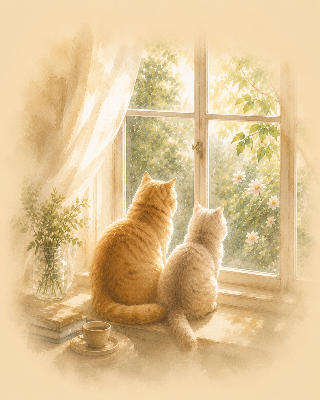Two cats sitting by a sunny window